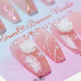 Sun&Beam Nails Handmade Press On Nail Long Coffin Ballerina Pink Flower Acrylic Fake Tip 3D Design Art Charms Cute with Storage Box 10 Pcs (#02 3D Flower | Pink S)
