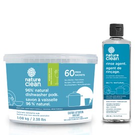 NATURE CLEAN Natural Dishwasher Detergent Pods + Natural Rinse Aid Liquid Set. Plant-Based Fragrance-Free Organic Pods. Eco-Friendly Dishwasher Tablets. 60 count + 8 oz