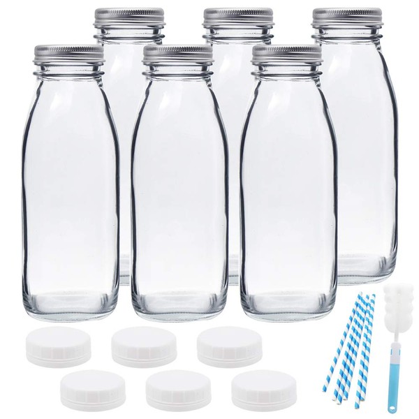 ZEBEIYU 16oz Glass Milk Bottles with Reusable Metal Twist Lids and Straws for Beverage Glassware and Drinkware Parties, Weddings, BBQ, Picnics, 6 Pack