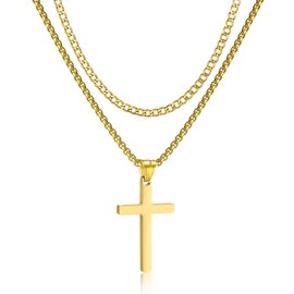 RWQIAN Cross Chain Men's Cross Chain Stainless Steel Silver/Gold/Black Layered Cross Chain Cuban Necklace with Cross Pendant Christian Cross Jewellery Gifts for Men, Stainless Steel
