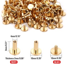 Chicago Binding Screws - 4 mm x 8 mm Binding Post - 10 mm Phillips Nut - Chicago Screw Binding Post Set for DIY Leather Decorations, Scrapbooking, Photo Albums, Bookbinding (Brass, 50 Pieces)