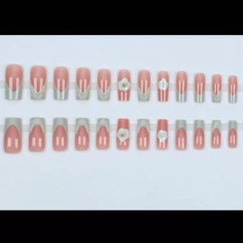 Medium Press on Nails French Tip Fake Nails Square False Nails with 3D Floral Water Ripple Design Glossy Acrylic Artificial Nails for Women Manicure 24 Pcs