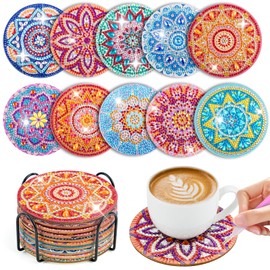 Pack of 10 Diamond Painting Coasters with Holder, Diamond Cup Coasters, Diamond Painting Adults for Crafts, DIY Mandala Coasters, Non-Slip for Beginners, Adults and Children