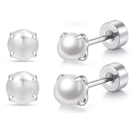 2pairs Titanium Flat Back Earrings,Silver Pearl Stud Earrings for Women Screw Back Studs for Girls Hypoallergenic Cartilage Nap Sleep Earrings Helix Jewelry(Flat Back Stud)