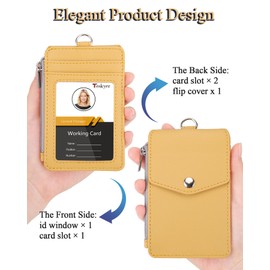 Teskyer ID Card Holder with Strap Zipper PU Leather 1 Clear ID Window and 3 Card Slots Yellow