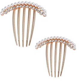 Wedding Pearl Hair Side Combs Clip 2Pcs Gold Crystal Headpiece Bridal Rhinestone Accessories for Women and Girls (Rose gold, One Size)