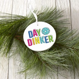 Neon Pickleball Day Dinker White, Joyride Home Decor, Ornament, 4 Inch Wooden, Round Ornament with White Ribbon, Christmas Decor, Gift Tag, Artist Designed.