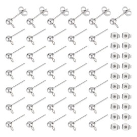 UNICRAFTALE 100pcs Stainless Steel Stud Earrings 0.8mm Pin Ball Ear Studs Components with Open Loop Ball Stud Earring with Earring Backs Jewelry Findings for Earring Making Ball Post Earring