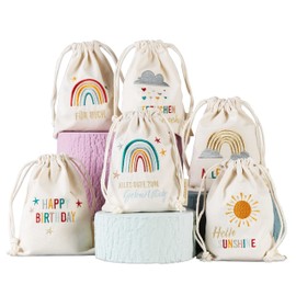Papierdrachen 6 Birthday Gift Bags - Rainbow - Made of Cotton - Beautiful and High Quality Embroidered - Ideal for Wrapping Gifts - Size 13 x 18 cm with Drawstring