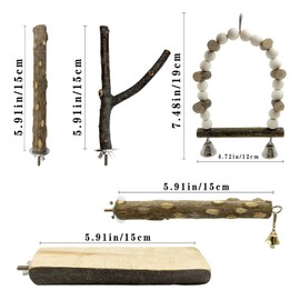 5Pcs Natural Wooden Bird Perch Set – Parrot Perch Toys, Wooden Perch Swing, Cage Accessories for Budgies, Cockatiels, Lovebirds, Finches, and Other Small to Medium Birds