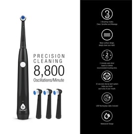 Pursonic Rotary Toothbrush, USB Rechargeable Electric Toothbrush, 3 Brush Heads – Sonic Toothbrush with 8,800 Oscillations/Minute and 3 Cleaning Modes (Black)