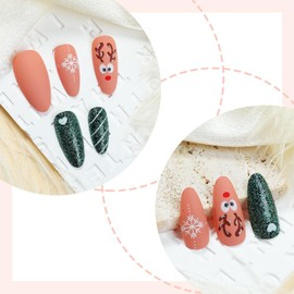 Cute Deer Press on Nails Christmas Elk Fake Nails 24Pcs Medium Almond Matte Green Glitter Acrylic False Nails Xmas Snowflake Gel Glue on Nails White Curve Line Stick on Nail for New Year Gift