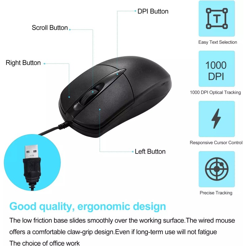 Unbranded USB 2.0 Optical Wired Scroll Wheel Mouse PC Laptop