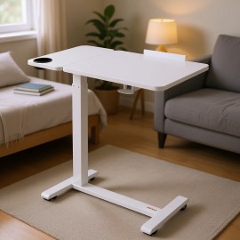 White Portable Overbed Table With Hidden Wheels Flip Desktop Height Adjustable For Laptop Home Office UseDesktop Type: Flip Desktop+Fixed Desktop, Wheel Type: Hidden Wheels