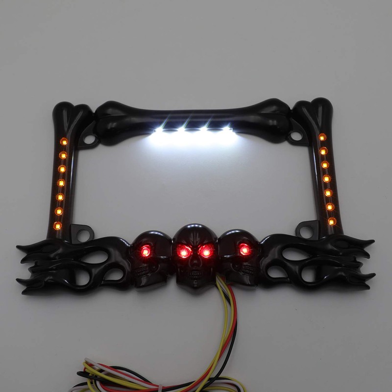 HTTMT- 3D Black Skull Flame Bone License Plate Frame w/LED