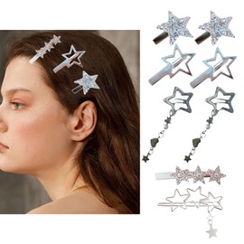 8PCS Metal Star Hair Clips Set for Women, Silver Y2K Star Hairpins, Kawaii Hair Barrettes with Pendant, Y2K Hair Accessories for Girls Hairstyle, Disco Rave Accessories