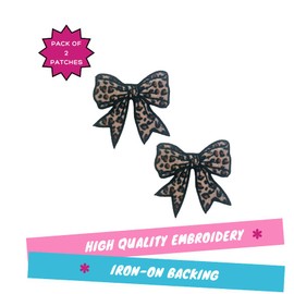Leopard Print Bow Patch, 3” x 3", 2-Pack, Embroidered Iron-On for Hats, Bags, Jackets