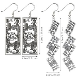 Liitata 2 Pairs Vintage 100 Dollar Earrings Bill Money Earrings Hip Hop Punk Rock Earrings for Women - Silver