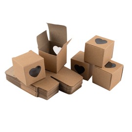 AUEAR, 50 Pack of Kraft Gift Boxes with Clear Plastic Heart Window 2x2x2 inch Black Treat for Cake Candy Cookies Dessert