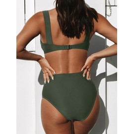 CUPSHE Bikini Set for Women Two Piece Swimsuits High Waisted Deep V Neck Back Hook Wide Straps, Green, X-Small