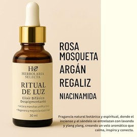 Herbolaria Selecta Ritual de Luz, Elixir Bifásico Despigmentante, Suero Facial Natural con Niacinamida, Rosa Mosqueta y Argán, Aroma Botánico de Incienso y Sándalo, 30 ml