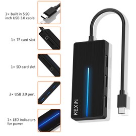 KEXIN USB C Hub 3 Port USB Hub 3.0 with SD/TF Card Reader Ultra Slim Data Hub USB Splitter Type C Extension Hub for PC Notebook, Laptop, XPS, Surface Pro, USB Flash Drive, Mobile HDD and More