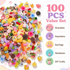 Kyllog 100 Pcs Resin Charms for Jewelry Making, Assorted Cute Kandi Charms with Eye Pins, Mini Fruit Candy Animal Flower Keychain Charm for Bracelet Making, Earrings, Necklaces and DIY Crafts