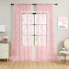 Light Pink Lace Curtains 84 Inches Long 2 Panels Romantic Flower Sheer Curtains for Living Room Bedroom Cute Decor Rod Pocket Light Filtering Lace Window Curtains for Kids Girls Nursery Room, 52x84