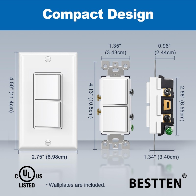 BESTTEN 2 Pack Double Rocker Light Switch, Single Pole Combination