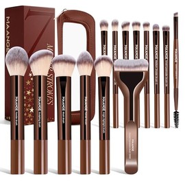 Maange Set Brochas Maquillaje Aluminio 14pcs Sintético Estuche Kit Multifuncional Base Sombra Ojos Polvos Son Ideales Regalar Marrón