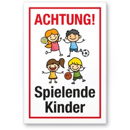 Komma Security Achtung Spielende Kinder Sign 20 x 30 cm Warning Sign Warning Sign Warning Sign Slow Driving Warning Note Play Street Playground - Caution Playing Children