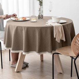 KUAOOAUK Round Tablecloth, 160cm Waterproof Table cloth, Linen Table Cover with Lace Trim for Kitchen Garden Cafe Dinning Party Banquet Wedding Holiday Farmhouse(Brown)