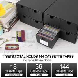 AOBOPLE Cassette Tape Storage Box,4 Pack Cassette Tape Holder Holds 144 Cases,Stackable Cassette Rack with Lids and Index Labels Media Storage Organizer