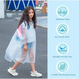 YUNLOVXEE Rain Poncho Raincoats for Kids Reusable - 2 Pack EVA Waterproof Rain Coat with Hood Rain Jacket for Boys Girls (US, Alpha, One Size, Regular, Blue+White)