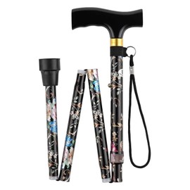 Folding Cane, Lightweight, Stick, Nursing, Men's, Women's, Fashionable, Extendable, 4 Levels of Adjustment (Flower Black)
