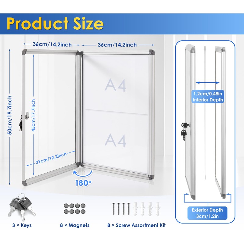 SWANCROWN Enclosed Bulletin Board Dry Erase Noticeboard Lockable Display Boards