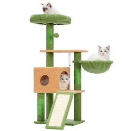 Hey-brother Cat Tree, 42.5-Inches Cat Tower for Indoor Cats, Plush Multi-Level Kitten Cat Condo with Scratching Post,Ramp, Basket, Spacious Cat Cave, Hanging Ball, Green and Yellow MPJ007SGY
