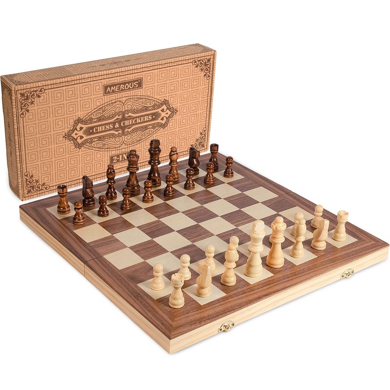 AMEROUS 15'' Wooden Chess & Checkers Set, 2 in 1