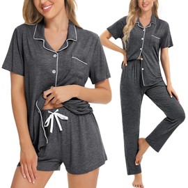 SWOMOG Womens 3pcs Button Down Pajamas Set Short Sleeve Sleepwear Bride Soft Pj Lounge Sets with Long Pants Deep Grey Medium