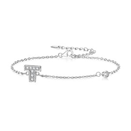 IVELECT Dainty Initial Bracelets for Women Girls,Silver Zircon A-Z letters Charms Bracelet Statement Trendy Jewellery for Mother's Day Birthday Christmas Gifts. (T)