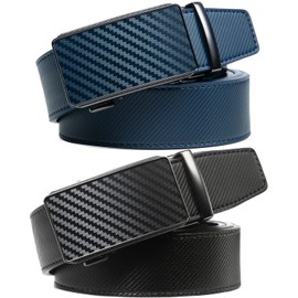 2 Pack Ratchet Belt 1 3/8", Leather Dress Belt with Click Sliding Buckle in Gift Set Box, Mens Adjustable Belt Trim to Fit (Carbon Fiber Black/Navy Blue, 28"-38" Waist Adjustable)