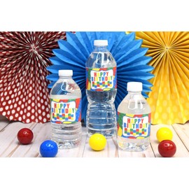 Building Blocks & Bricks Birthday Themed Waterproof Water Bottle Sticker Wrappers 20 Wrap Around Labels Sized 1.75" x 8.5" by AmandaCreation