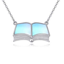 SHEAISRS Book Necklace for Women 925 Sterling Silver Reading Necklace Moonstone Jewelry Gifts for Student Best Friend Sister