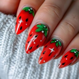 LPOODDNU Strawberry Press on Nails Almond Shape Fake Nails Red Artificial Nails Medium Length Summer False Nails with Designs Cute Glue on Nails Glossy Stick on Nails for Women Manicure, 24Pcs