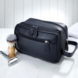 Mens Travel Toiletry Wash Bag Leather Washbag Toiletries Shaving Bag Zipped