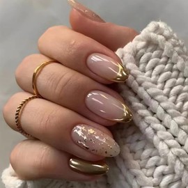 Gold French Tip Press on Nails Short Almond Fake Nails Glitter Foils Designs Glossy Glue on Nails Almond Shape Full Cover Nails Tips False Nails Reusable Artificial Acrylic Nails for Women Girls 24Pcs