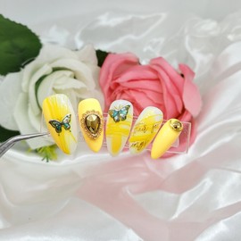 Butterfly Lettering Art Handmade Nail Tips - Long Nose Pin / 나비레터링아트 수제네일팁 - 롱코핀