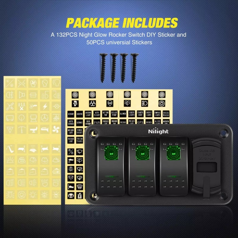 Nilight 3 Gang Rocker Switch Panel Green Backlit with USB