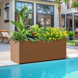 TUYOHW Metal Planter Box Outdoor Rectangular Planter, Large Planters for Outdoor Plants with Drainage Holes, All-Weather Use, 38''L×15''W×16.3''H, Brown