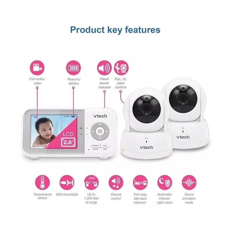 Vtech VM923-2 Baby Monitor 2.8” Screen 1000Ft Range Pan-Tilt-Zoom -